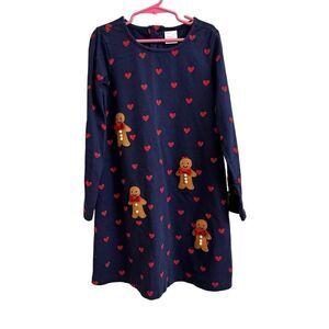 Hanna Andersson Navy Red Hearts Gingerbread Christmas Dress Long Sleeves Size 8